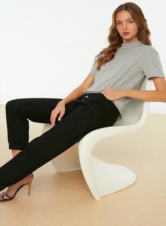 trendyol Grey Melange 100% Cotton Basic Regular/Normal Pattern Stand Collar Knitted T-Shirt - Image 5