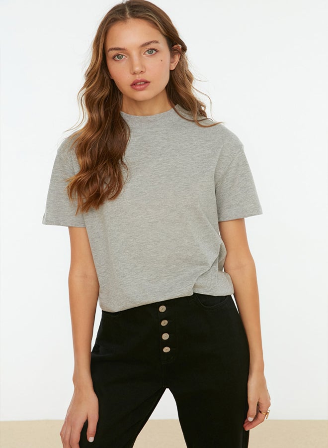 trendyol Grey Melange 100% Cotton Basic Regular/Normal Pattern Stand Collar Knitted T-Shirt - Image 3