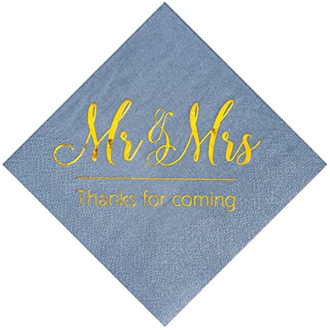 DUSTY BLUE WEDDING NAPKINS MR MRS GOLD COCKTAIL BEVERAGE DESSERT NAPKINS FOR ENGAGEMENT PARTY DECORATIONS WEDDING CAKE TABLE DECOR SUPPLIES 100 PCS 3PLY