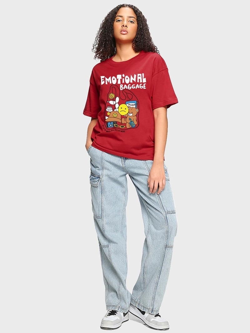 Bewakoof Women's Cotton Oversized Fit T-Shirt 1208628 Red Medium - Image 4