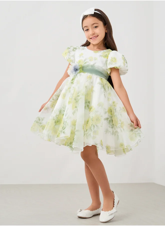 Styli Printed Organza Puff Sleeve Dress