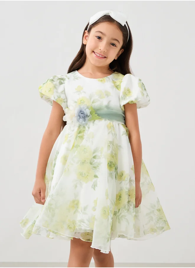 Styli Printed Organza Puff Sleeve Dress