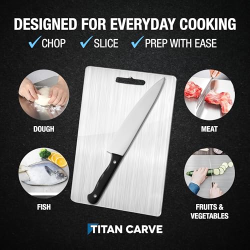 FREEZE2TRIM Titan Carve Titanium Cutting Board, Double-Sided Metal Chopping Board for Kitchen, Dishwasher Safe & Easy to Clean, Titan Carve Lightweight Prep Surface for Meat, Vegetables & Fruit, 13.4 x 9 in - Image 4