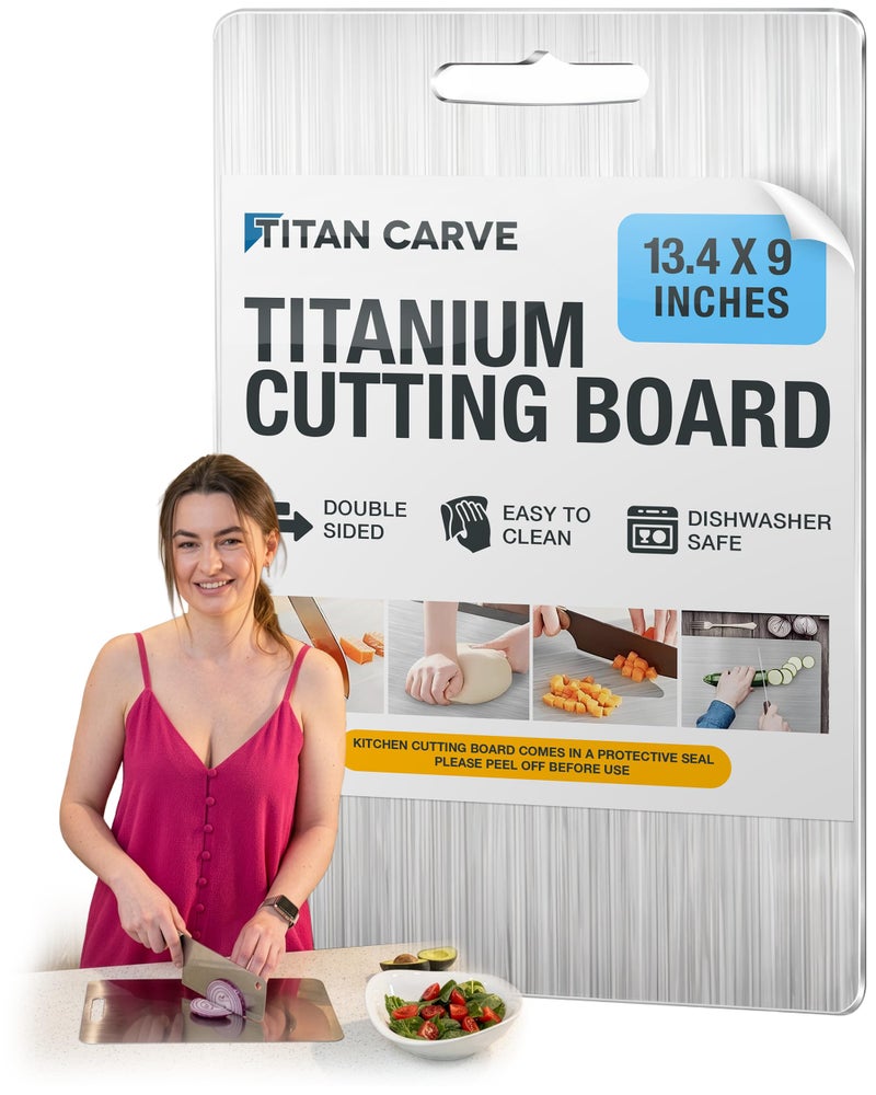 FREEZE2TRIM Titan Carve Titanium Cutting Board, Double-Sided Metal Chopping Board for Kitchen, Dishwasher Safe & Easy to Clean, Titan Carve Lightweight Prep Surface for Meat, Vegetables & Fruit, 13.4 x 9 in - Image 1