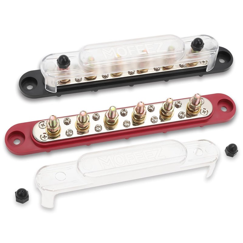 MOFEEZ Power Distribution Block Bus Bar, 6 x 5/16" Posts, 10 x #8 Screws Terminals, Max 48V 250A (Pair, Red & Black) - Image 1