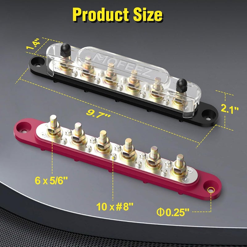 MOFEEZ Power Distribution Block Bus Bar, 6 x 5/16" Posts, 10 x #8 Screws Terminals, Max 48V 250A (Pair, Red & Black) - Image 2