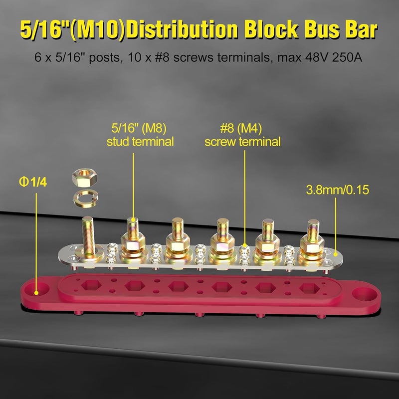 MOFEEZ Power Distribution Block Bus Bar, 6 x 5/16" Posts, 10 x #8 Screws Terminals, Max 48V 250A (Pair, Red & Black) - Image 4