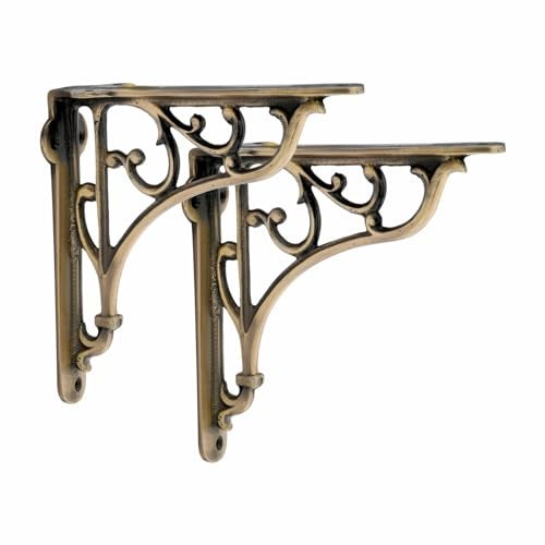 GHAR DWAR Metal Shelf Bracket for Floating Shelves L Angle Decorative L Shaped Corner Brace Joint Heavy Duty Wall Mounted Shelf Supporter Corner Brace Holder 6.5 inch (17 cm)(Brass Antique, Pack of 2) - Image 2