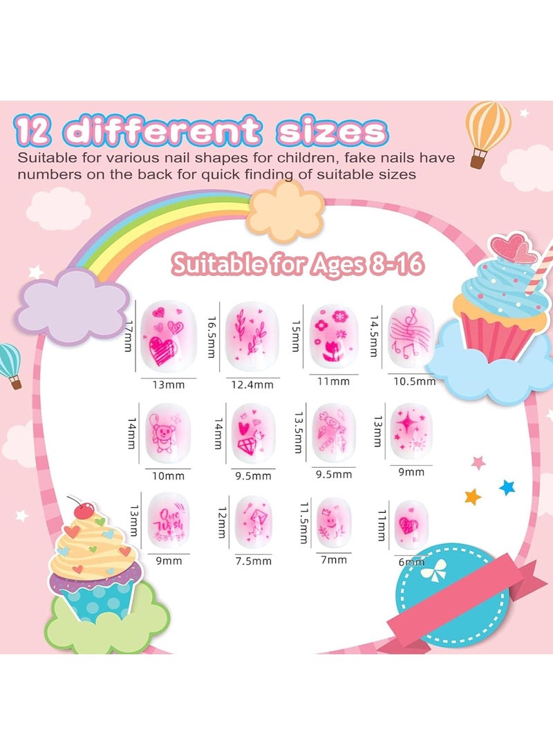 MAOGEDA 144 PCS Press on Nails Grils, Children Fake Artificial False Nail Tips Pre Glue Full Cover Short Acrylic Nails for Girls Kids Nail Art Decoration - Image 2