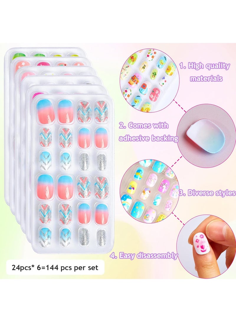 MAOGEDA 144 PCS Press on Nails Grils, Children Fake Artificial False Nail Tips Pre Glue Full Cover Short Acrylic Nails for Girls Kids Nail Art Decoration - Image 3