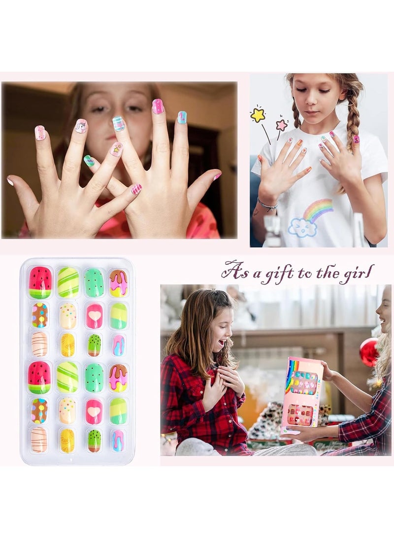 MAOGEDA 144 PCS Press on Nails Grils, Children Fake Artificial False Nail Tips Pre Glue Full Cover Short Acrylic Nails for Girls Kids Nail Art Decoration - Image 5