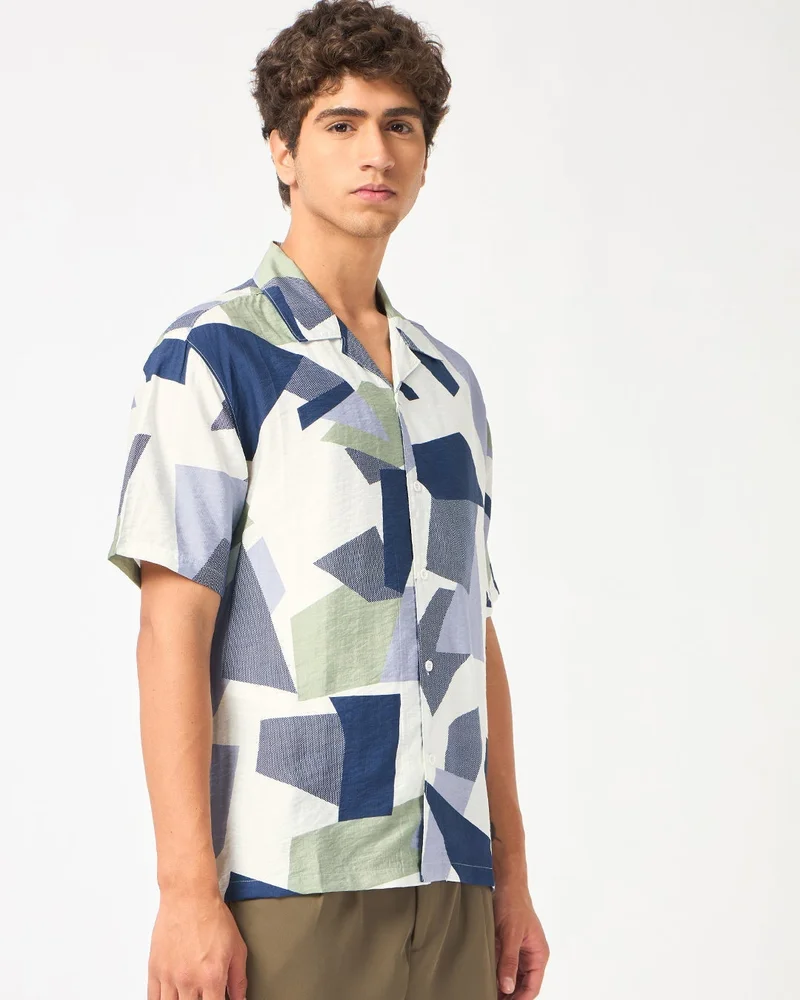 bewakoof Men's Blue All Over Printed Oversized Shirt