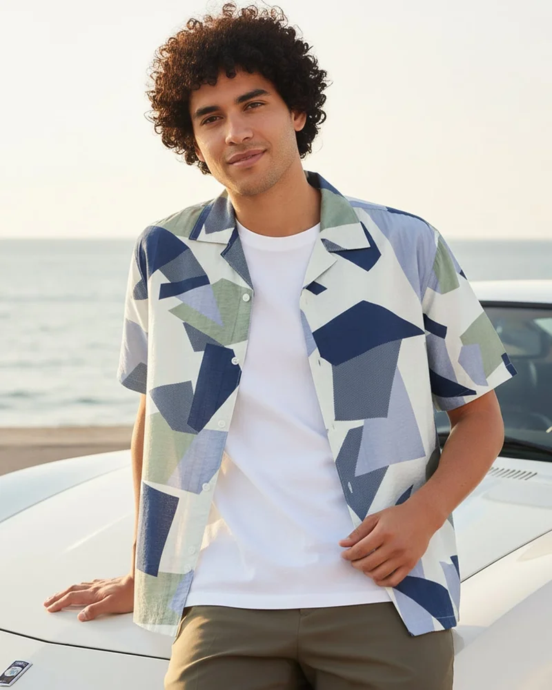 bewakoof Men's Blue All Over Printed Oversized Shirt