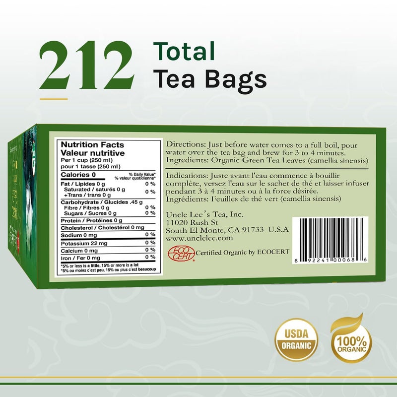 Uncle Lee's Tea Uncle Lee's Organic Green Tea Bags 2-Pack, 106-Count Super Packs - Bright & Refreshing, Lightly Caffeinated Bulk Tea for Home, Office, Camping - Image 2