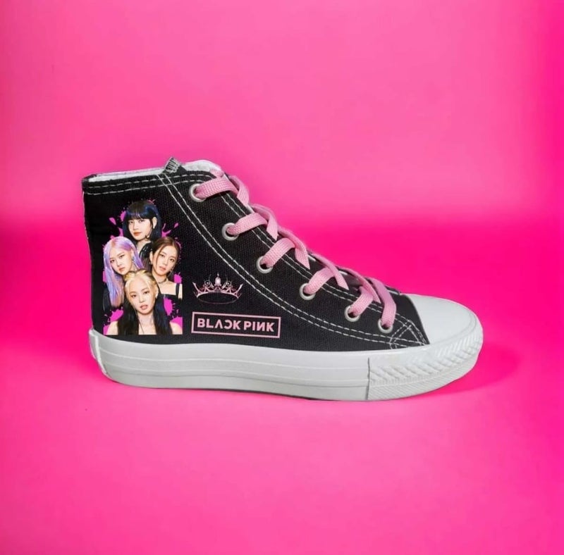 Amazoon Desing Amazon Design Blackpink Printed Old Crown Black Linen Kids Sports Shoes Sneaker School Shoes  - Image 2