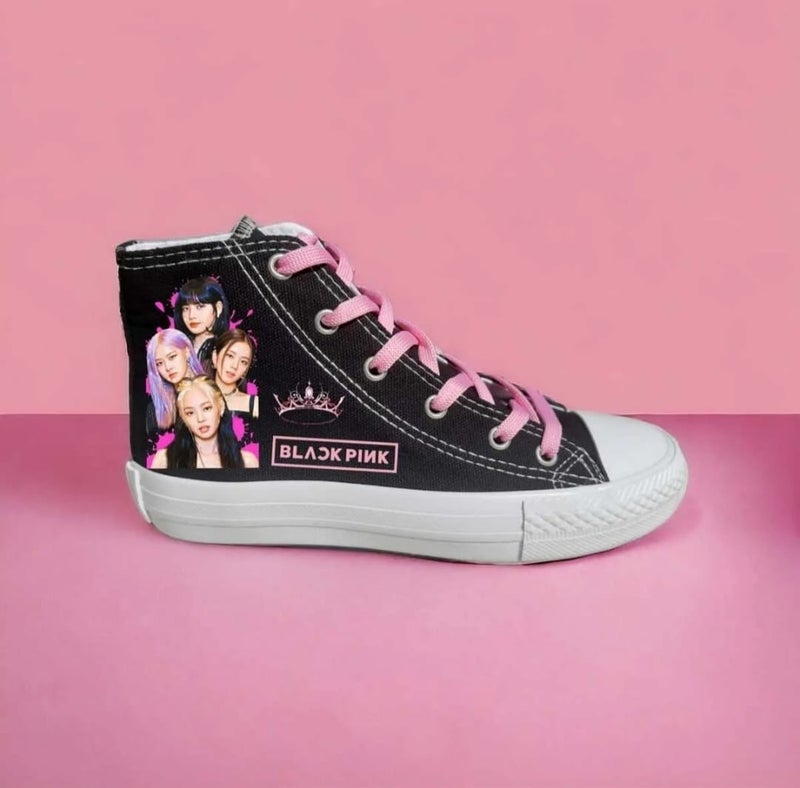Amazoon Desing Amazon Design Blackpink Printed Old Crown Black Linen Kids Sports Shoes Sneaker School Shoes  - Image 1