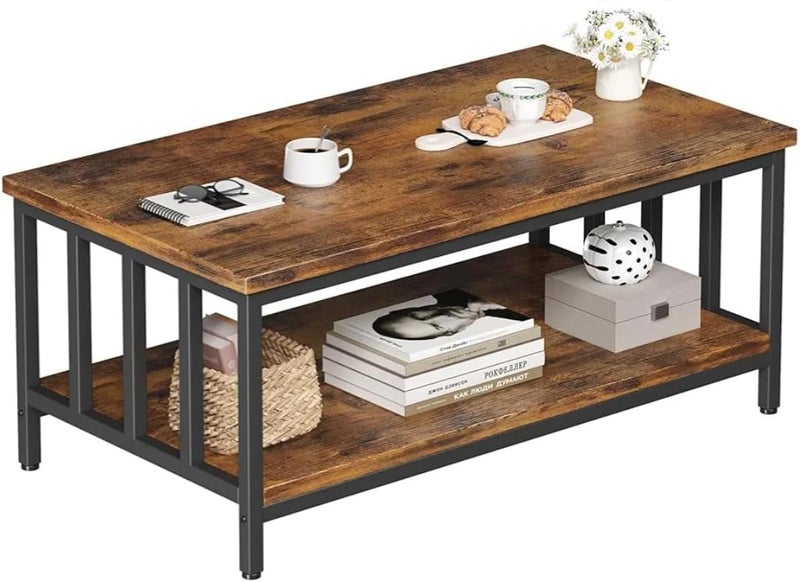 Sweet Furniture Coffee table for living room with wooden and metal frame, 100cm lower storage shelf, frame with mesh sides, 99*55*46cm dimensions, modern industrial design, for office and apartment - Image 1