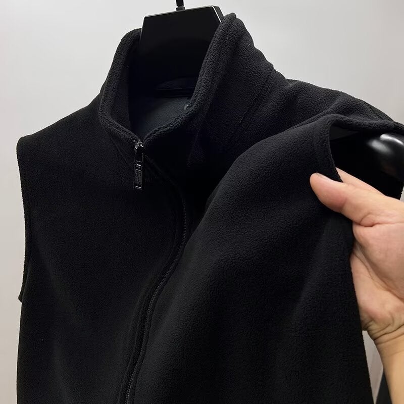 Mens Autumn/Winter Thickened Zip-Up Stand Collar Vest Solid Color Fleece Cardigan Jacket Double-sided Australian Fleece Tank To W04 [black]
