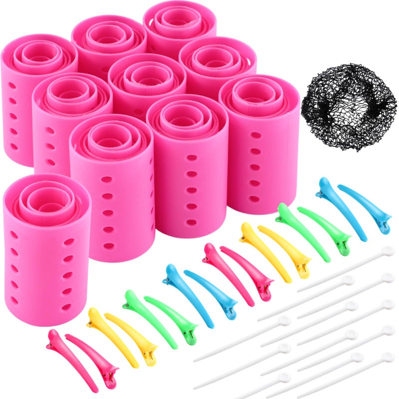 141 Pieces Hair Rollers Set Include 60 Plastic Hair Rollers Pink6 Size