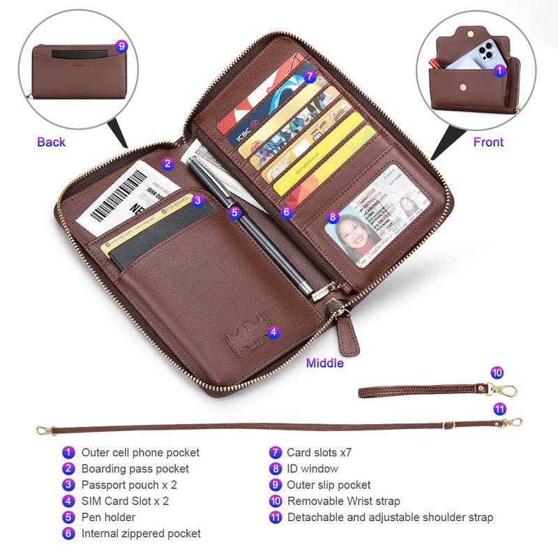 nuoku Passport Holder, RFID Blocking Passport Wallet with Zipper 2 Straps, Travel Document Organizer for Family, Coffee - Image 3