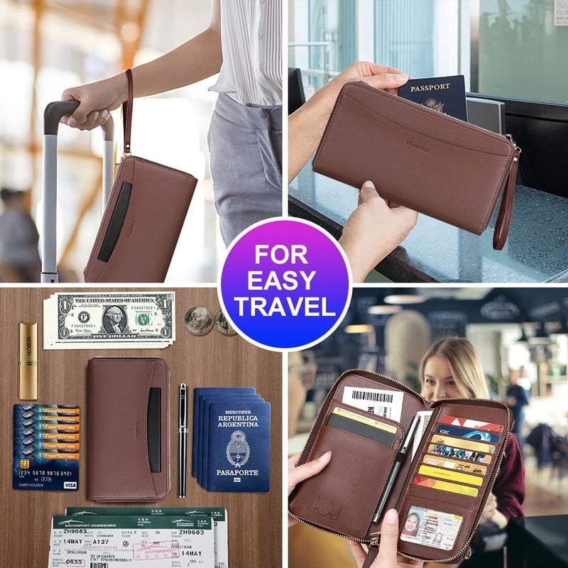 nuoku Passport Holder, RFID Blocking Passport Wallet with Zipper 2 Straps, Travel Document Organizer for Family, Coffee - Image 2