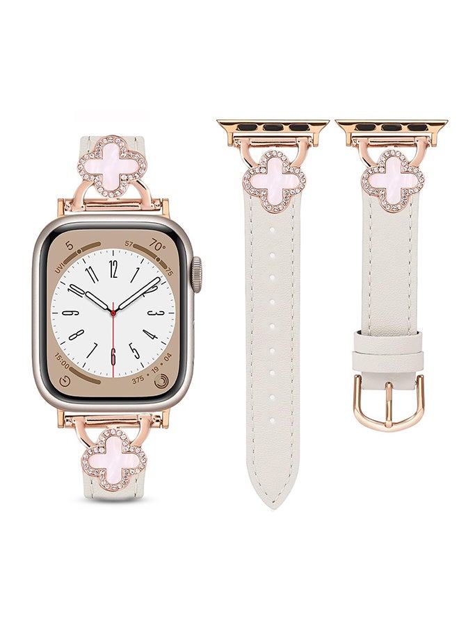 O Ozone Leather Band For Apple Watch Series 10 9 8 7 6 5 4 SE, 38/40/41/42mm Slim Thin Dressy Diamond Strap Four Leaf Clover Bling Cute Band Women- Beige - Image 1