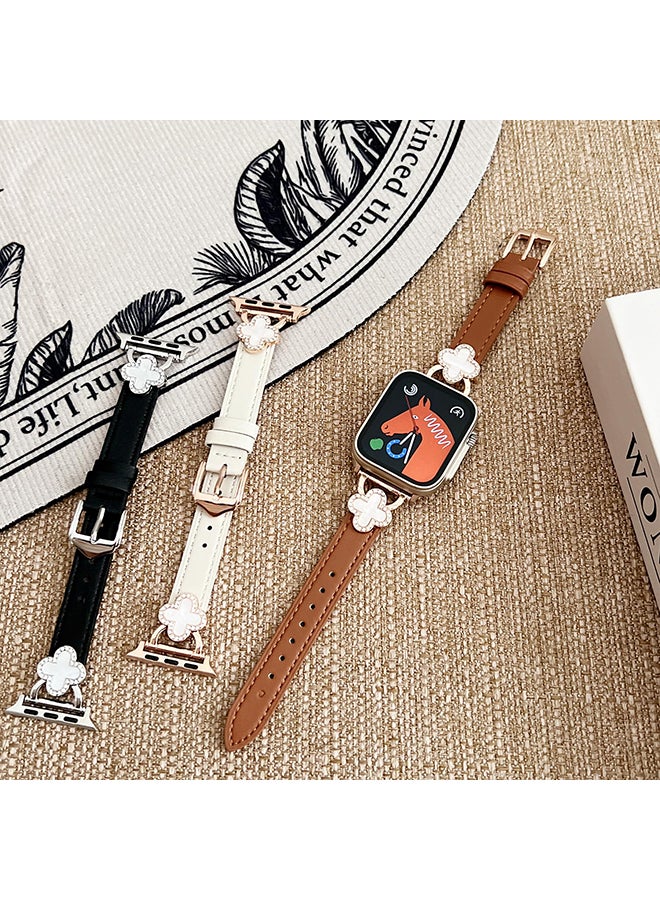 O Ozone Leather Band For Apple Watch Series 10 9 8 7 6 5 4 SE, 38/40/41/42mm Slim Thin Dressy Diamond Strap Four Leaf Clover Bling Cute Band Women- Beige - Image 5