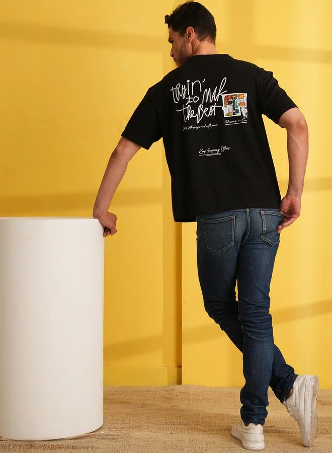تايك تو Black Graphic Print Short Sleeves Round Neck T-Shirt
