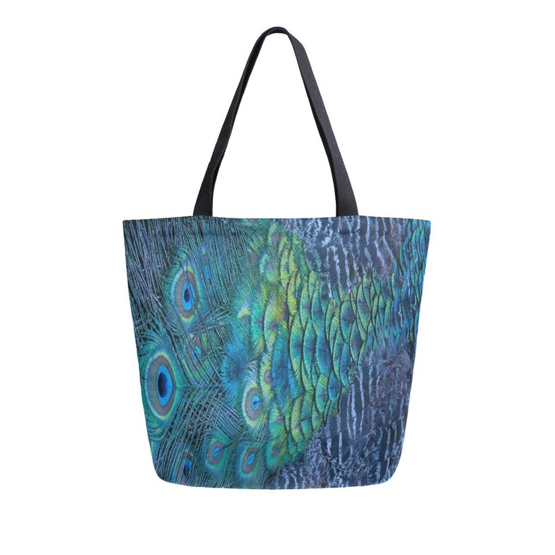 Naanle Peacock Feather Canvas Tote Large Womens Casual Shoulder Handbag Reusable Multipurpose Heavy Duty Shopping Grocery Cotton Bag for Outdoors