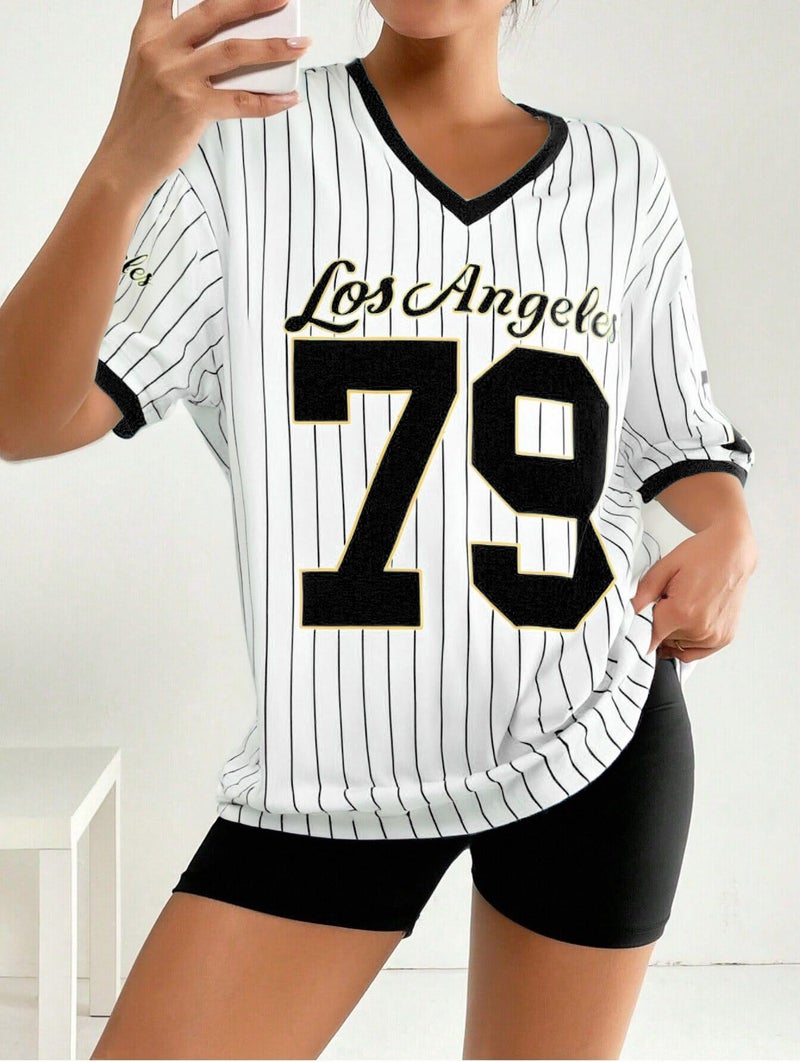 LUKYCILD Oversized Jersey Shirts for Women V Neck Tshirt Striped Number Graphic Shirt Casual Y2k Streetwear Tee Tops Black - Image 4