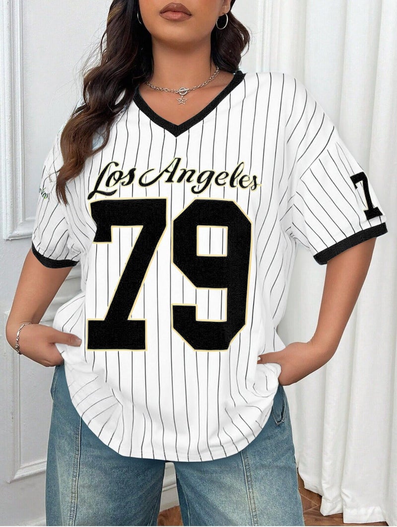 LUKYCILD Oversized Jersey Shirts for Women V Neck Tshirt Striped Number Graphic Shirt Casual Y2k Streetwear Tee Tops Black - Image 3
