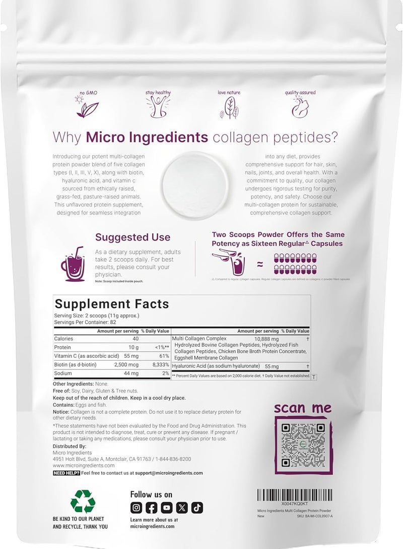 Micro Ingredients Multi Collagen Protein Powder,with Biotin 10000mcg, Hyaluronic Acid, Vitamin C 2lbs  - Image 2