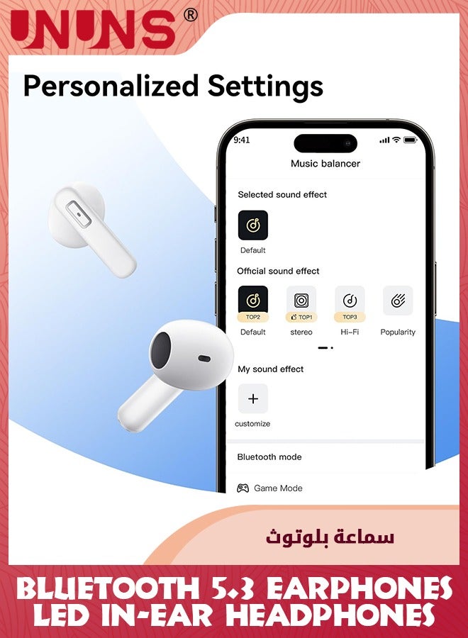 UNUNS سماعات أذن لاسلكية بتقنية البلوتوث 5.3، وقت تشغيل 40 ساعة مع علبة شحن، سماعات أذن رياضية مقاومة للماء IPX5 مع ميكروفون ومكالمات ENC، ستيريو هاي فاي، وضع اللعب منخفض الكمون/التحكم في التطبيق، أبيض - Image 2