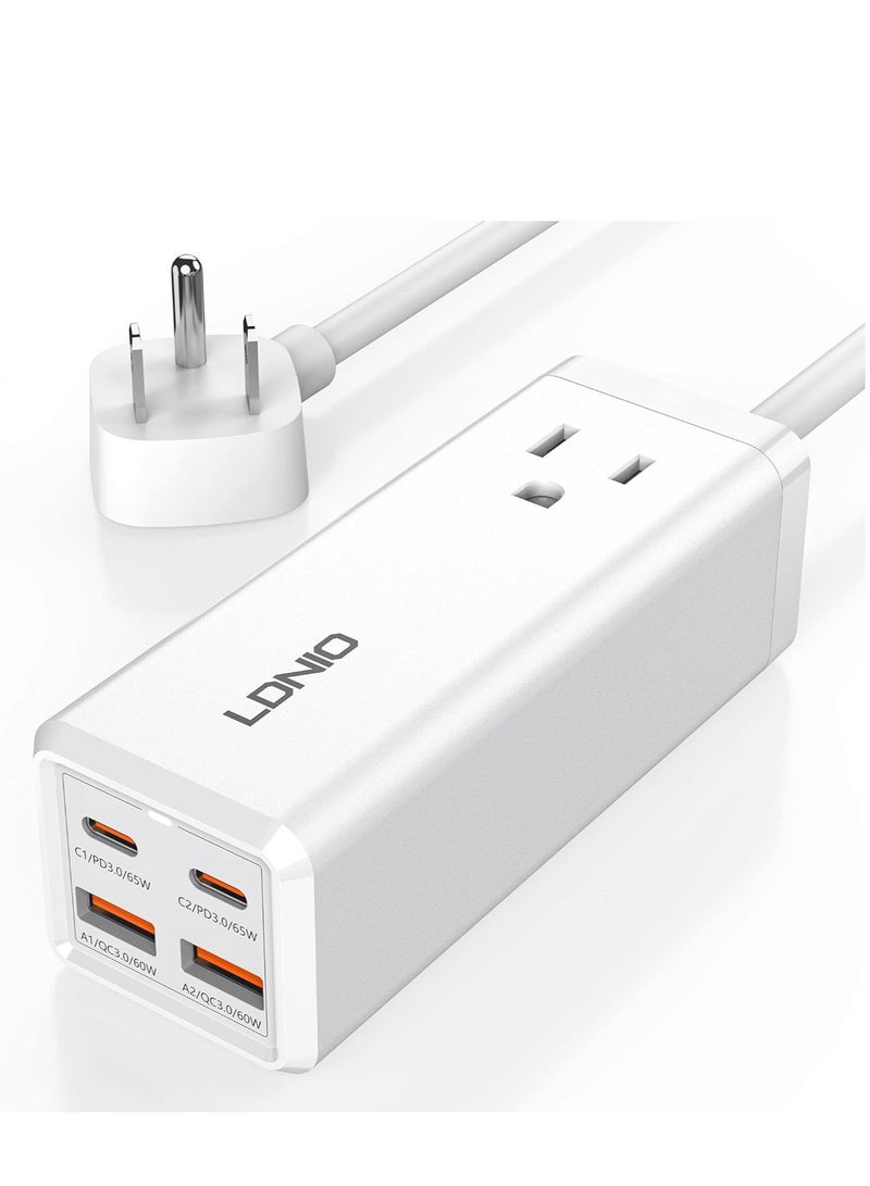 لدنيو LDNIO SC1418 65W PD محول شاحن متعدد الوظائف - اشحن أجهزتك بسرعة باستخدام منافذ USB، النوع C، ومقبس تمديد 200 سم. - Image 1