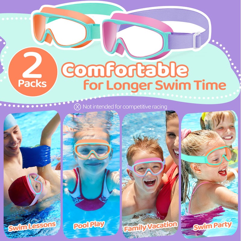 Vvinca Kids Swim Goggles with Comfort Fabric Strap 2 Pack, Wide View Anti-Fog/UV No Leak Swimming Goggles for Kids 3-14 Boys Girls Toddler - Image 4
