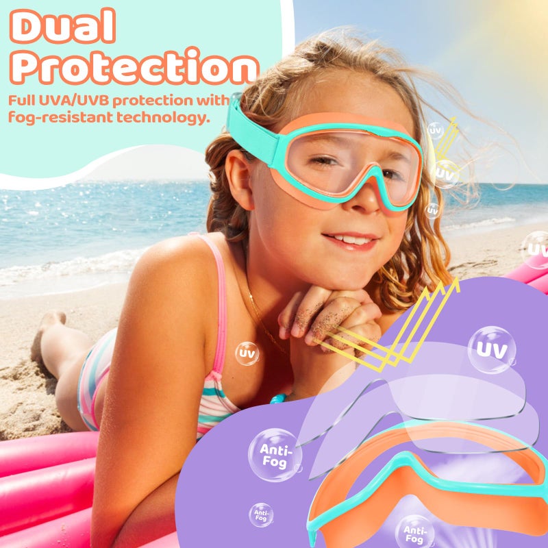 Vvinca Kids Swim Goggles with Comfort Fabric Strap 2 Pack, Wide View Anti-Fog/UV No Leak Swimming Goggles for Kids 3-14 Boys Girls Toddler - Image 3