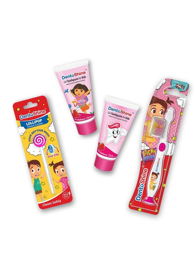 DentoShine Oral Care Combo Ages 2+ (Sticky Toothbrush For Kids + Lollipop Tongue Cleaner + Flavored Toothpaste 80 G X 2) (Strawberry) - Image 1