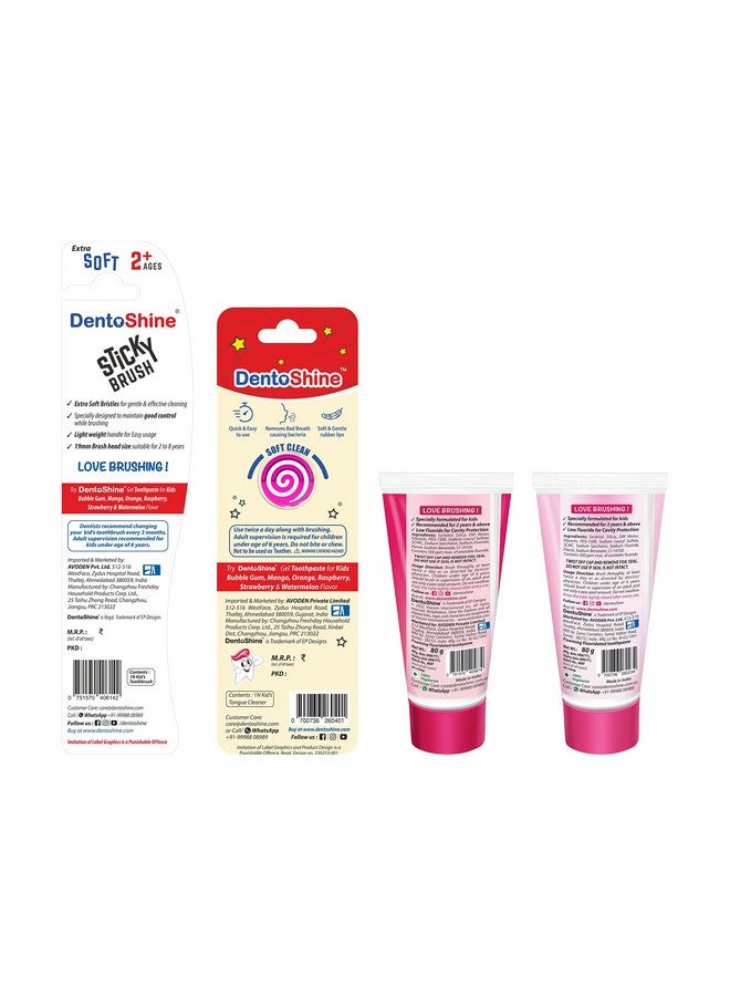 DentoShine Oral Care Combo Ages 2+ (Sticky Toothbrush For Kids + Lollipop Tongue Cleaner + Flavored Toothpaste 80 G X 2) (Strawberry) - Image 5