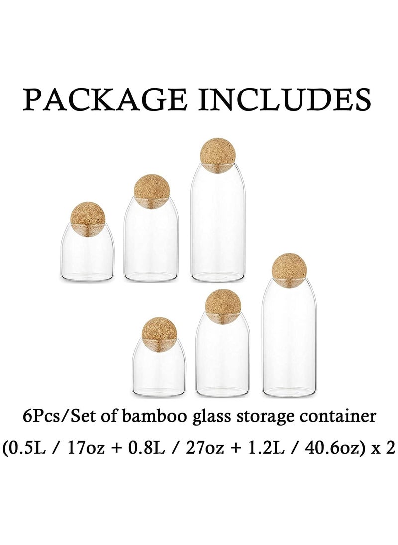 Glass Jar with Ball Cork Lid, Glass Canister with Wood Lid, Storage Container Jars for Coffee, Tea, Spice, Sugar, Salt, Set of 6 (6 PC, 500ml*2+800ml*2+1200ml*2)