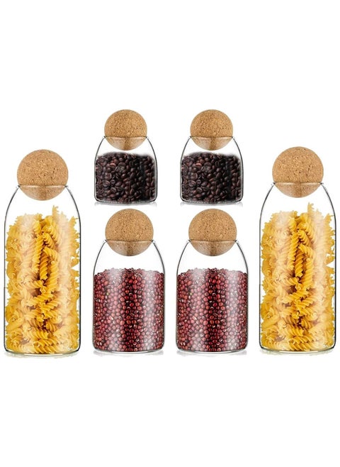Glass Jar with Ball Cork Lid, Glass Canister with Wood Lid, Storage Container Jars for Coffee, Tea, Spice, Sugar, Salt, Set of 6 (6 PC, 500ml*2+800ml*2+1200ml*2)