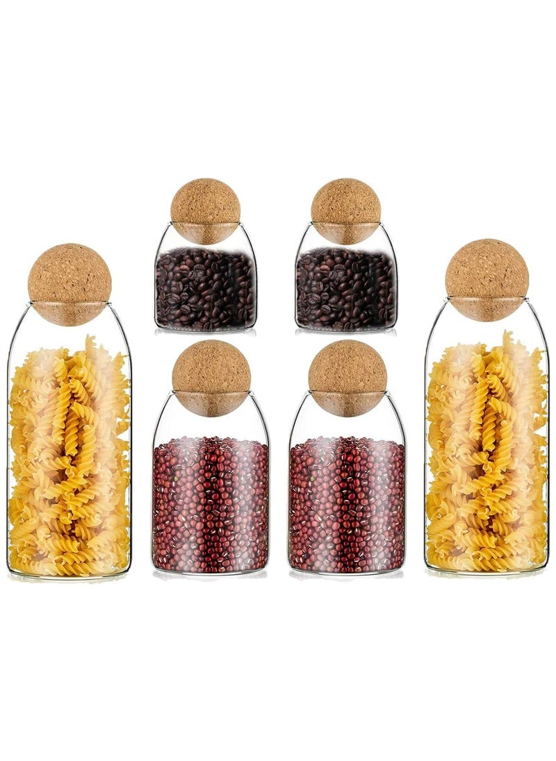 Glass Jar with Ball Cork Lid, Glass Canister with Wood Lid, Storage Container Jars for Coffee, Tea, Spice, Sugar, Salt, Set of 6 (6 PC, 500ml*2+800ml*2+1200ml*2)