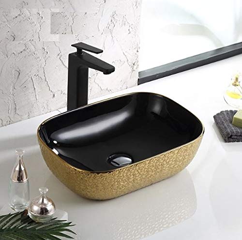 Table Top Premium Designer Ceramic Wash BasinVessel Sink for Bathroom 18 x 13 x 55 Inch Gold Black  - Image 1