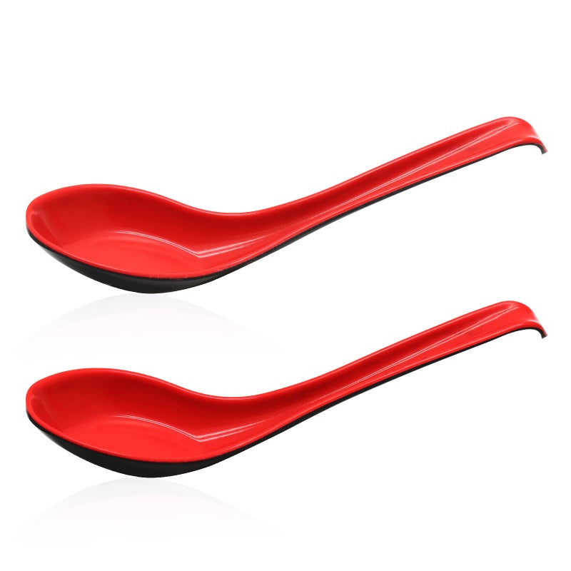 Cionyce 2PCS Wonton Soup Spoons Chinese Japanese Miso Ramen Dumpling Pho Rice Noodle Soba Soup Spoons Red and Black Melamine Spoons