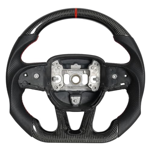 JIANGGAI Real Carbon Fiber Steering Wheel, Breathable Anti-skid Grip Steering Wheel with Red Stitching & Indicator Compatible with Dodge Challenger/Charger/Durango 2015-2024 SRT - Image 1