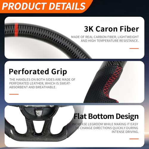 JIANGGAI Real Carbon Fiber Steering Wheel, Breathable Anti-skid Grip Steering Wheel with Red Stitching & Indicator Compatible with Dodge Challenger/Charger/Durango 2015-2024 SRT - Image 3