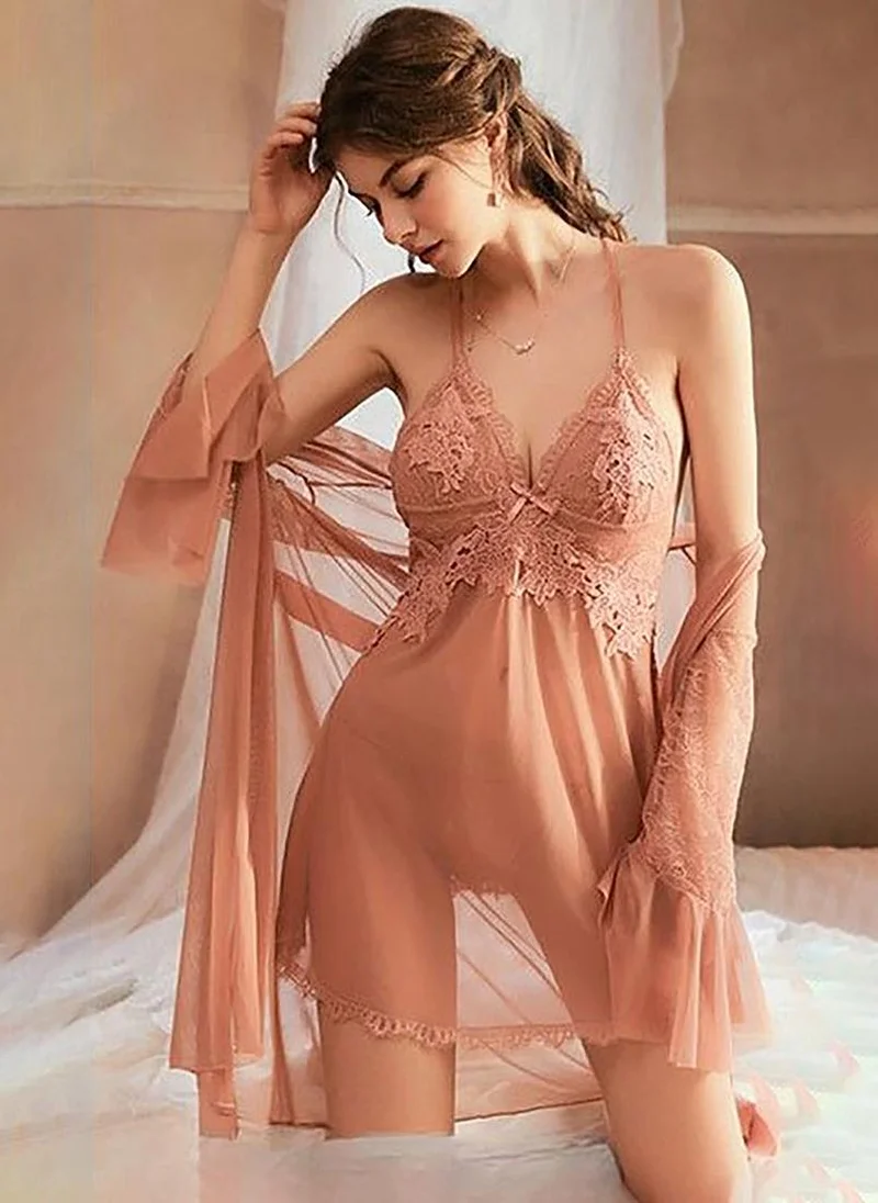 يونيكي Peach Solid Sleeveless Babydoll With Brifes
