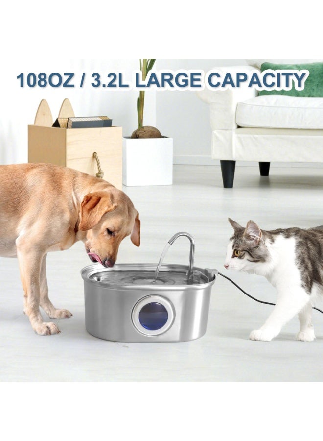 Flvzog Cat Water Fountain, 3.2L/108oz Pet Water Fountain Stainless Steel, Automatic Cat Fountain with Water Level Window, Quiet Pump, Dishwasher Safe Design - Image 4