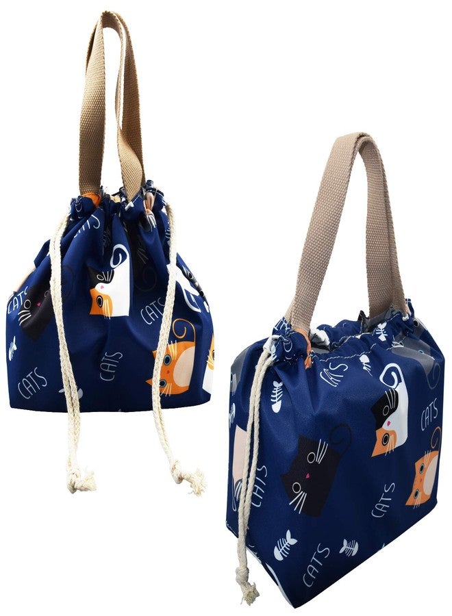 enyuwlcm Mini Lunch Tote Pouch Reusable Small Cute Lunch Bag with Drawstring Suitable for Girls Women Cat Blue - Image 3