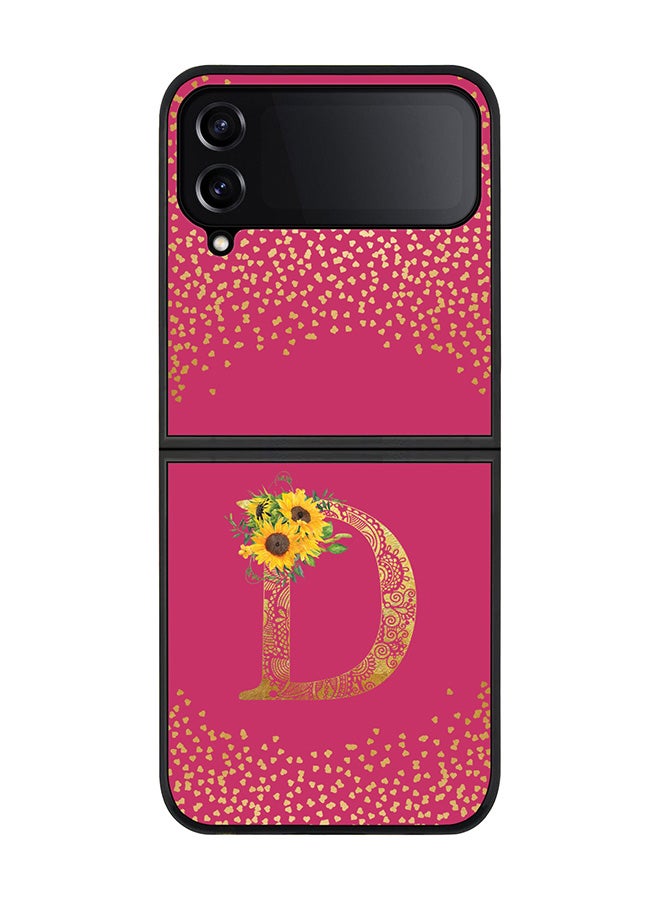 Stylizedd Rugged Black edge case for Samsung Galaxy Z Flip4, Soft Flexible Phone case Custom Monogram Initial Letter Mandala Floral Pattern Alphabet- D (Dark Pink Rose) - Image 1