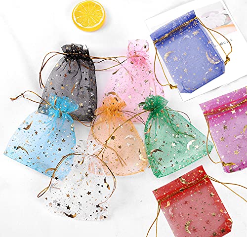 SUMAJU 100 Pieces Moon Star Organza Jewelry Candy Bags, 2.7x3.5 Inch Random Color Organza Favor Bags Gift Pouch with Drawstring for Christmas Wedding Party Stocking Stuffers - Image 2
